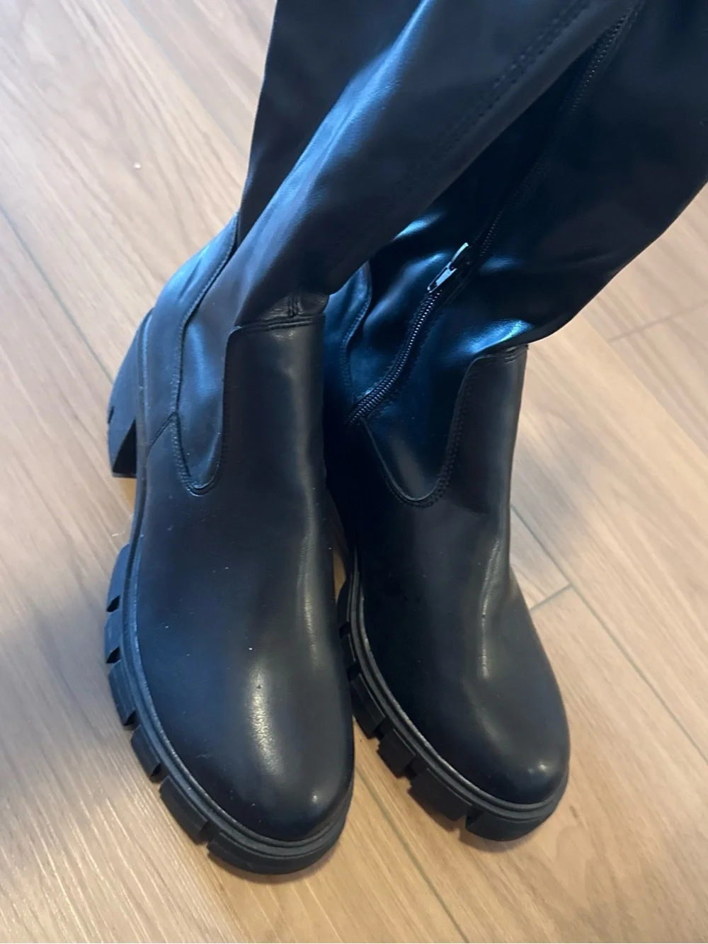 Black Chunky Lug Knee-High Boots - Women's Fashion Riding Style